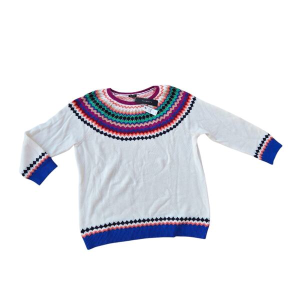Talbots Womens XL Sweater Cream Fair Isle Pink Blue Wool Nylon 3/4 Sleeve - Picture 1 of 9